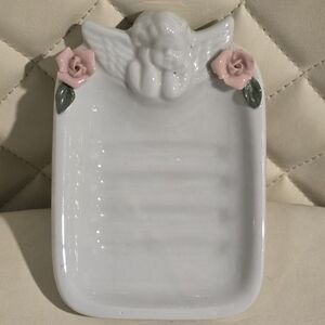 RARE Vintage White Ceramic Cherub Angel & Pink Capodimonte Roses Soap Dish